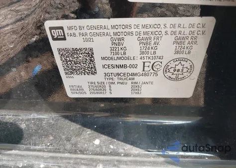 2021 GMC Sierra K1500 Elevation z USA, uszkodzony, nr VIN 3GTU9CED4MG480775